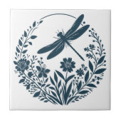 Retro-Silhouette Dragonfly mit Blume Fliese (Vorderseite)