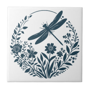 Retro-Silhouette Dragonfly mit Blume Fliese