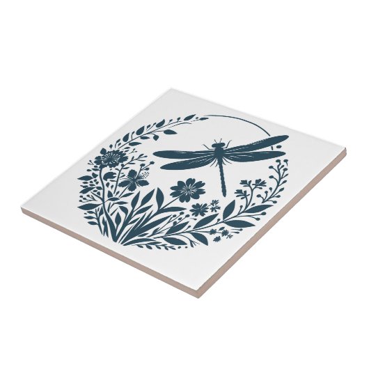 Retro-Silhouette Dragonfly mit Blume Fliese (Seite)