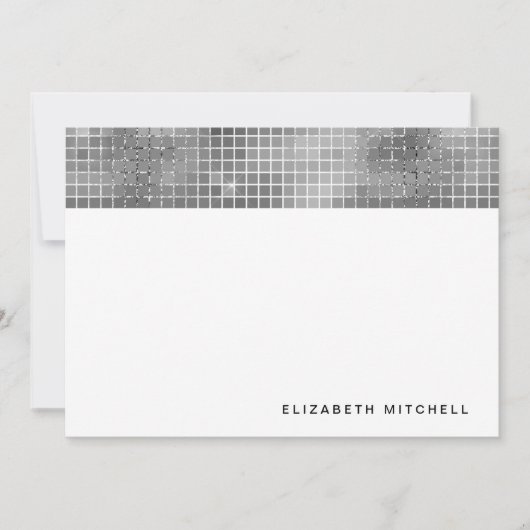 Retro Silver Grau Disco Ball Mirror | Monogramm Mitteilungskarte (Vorderseite)