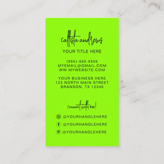 Retro Simple Neon Green Nail Tech Visitenkarte (Rückseite)