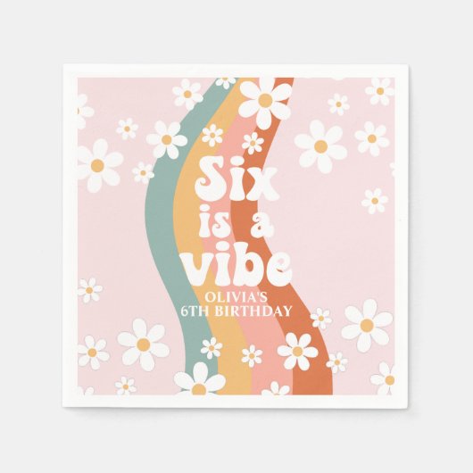 Retro Six ist ein Vibe Rainbow Daisy 6. Geburtstag Serviette (Vorderseite)