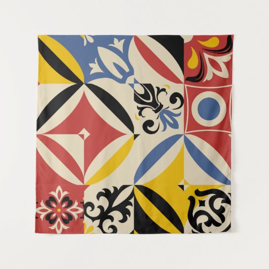 Retro Sixties Azulejos Geometric Pattern Wandteppich (Vorderseite (Horizontal))