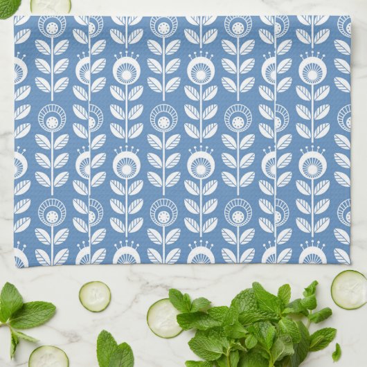 Retro skandinavisches blaues Muster Geschirrtuch (Gefaltet)