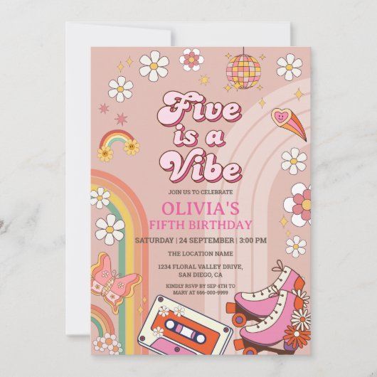 Retro Skate Five ist ein Vibe Groovy zum Geburtsta Einladung (Vorderseite)