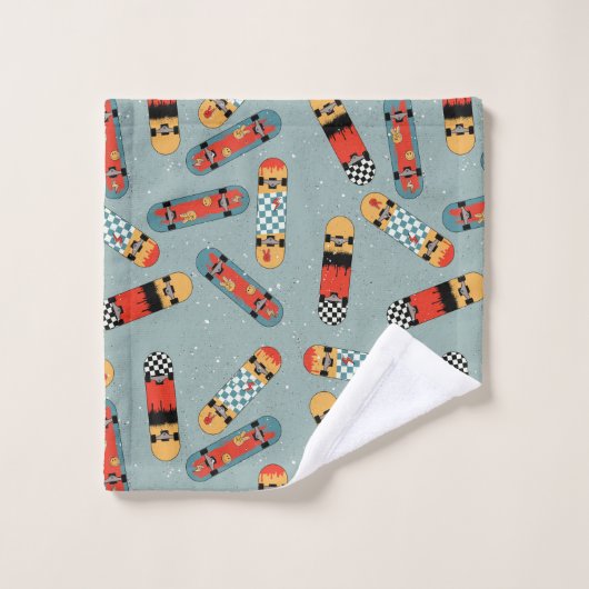 Retro Skateboard Blau Cool Nahtloses Muster Badhandtuch Set (Waschlappen)