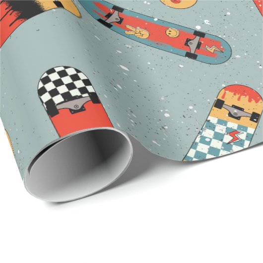 Retro Skateboard Blaues Cooles Muster Geschenkpapier (Rolleneckpunkt)