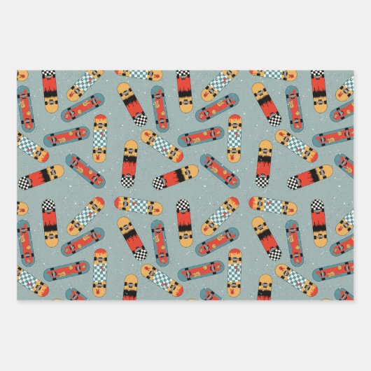 Retro Skateboard Blaues Cooles Muster Geschenkpapier Set (Vorderseite 3)