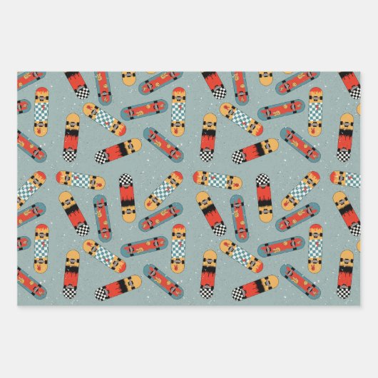 Retro Skateboard Blaues Cooles Muster Geschenkpapier Set (Vorderseite)