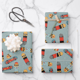 Retro Skateboard Blaues Cooles Muster Geschenkpapier Set