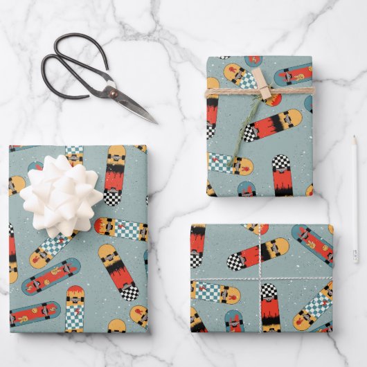 Retro Skateboard Blaues Cooles Muster Geschenkpapier Set (Vorderseite)