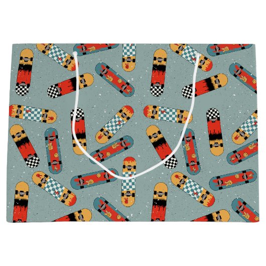 Retro Skateboard Blaues Cooles Muster Große Geschenktüte (Vorderseite)