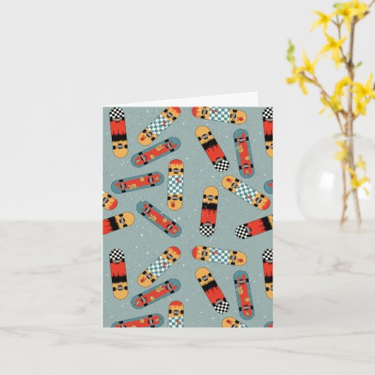 Retro Skateboard Blaues Cooles Muster Karte (Gelbe Blume)