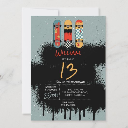 Retro Skateboard Blue Cool Spray Paint Birthday Einladung (Vorderseite)