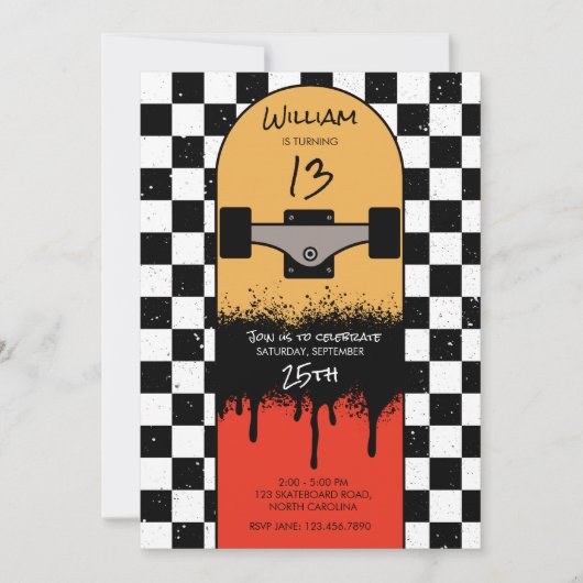 Retro-Skateboard Scheckte Skateboarder Geburtstag Einladung (Vorderseite)