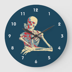 Retro Skeleton, der sein Kinn auf der Hand hält Große Wanduhr