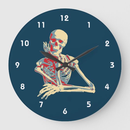 Retro Skeleton, der sein Kinn auf der Hand hält Große Wanduhr (Vorderseite)