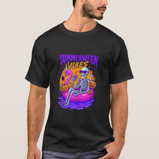 Retro Skeleton Summerween Vibes Beach Flamingo Hal T-Shirt