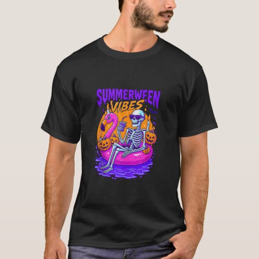 Retro Skeleton Summerween Vibes Beach Flamingo Hal T-Shirt (Vorderseite)