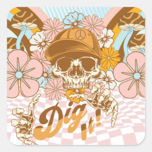 Retro-Skelett Botanische Blumen Quadratischer Aufkleber