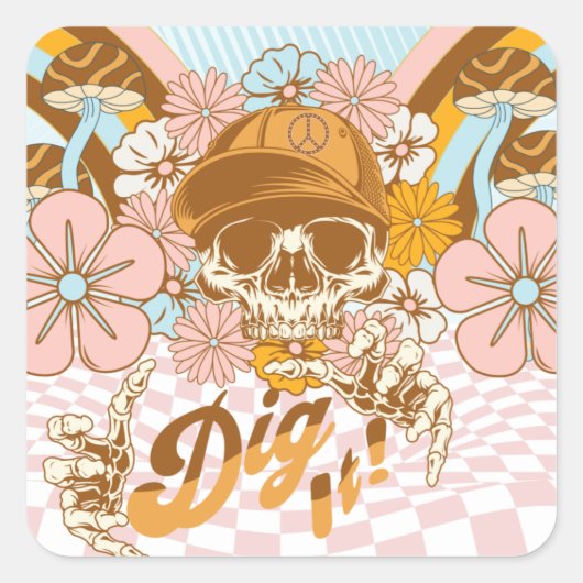Retro-Skelett Botanische Blumen Quadratischer Aufkleber (Vorderseite)