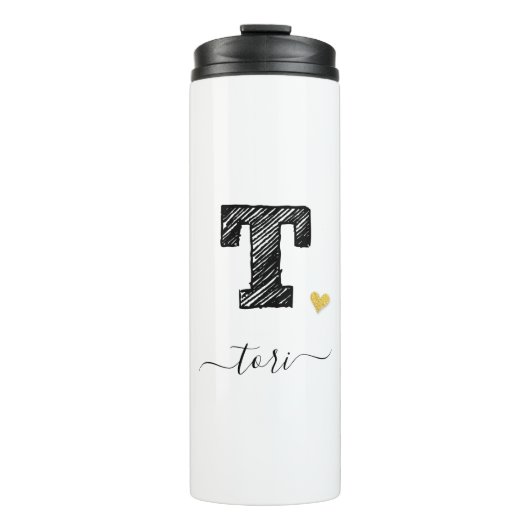 Retro Sketch Monogram Letter T, Thermal Tumbler Thermosbecher (Vorderseite)