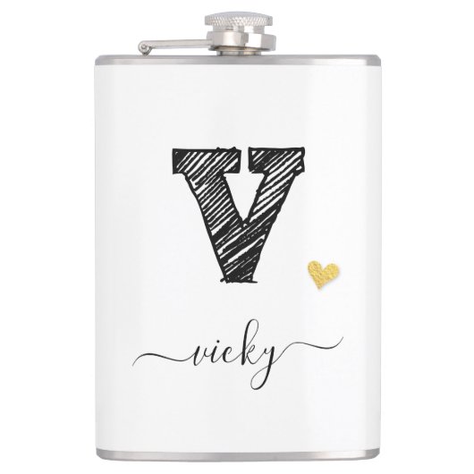 Retro Sketch Monogram Letter V, Flask Flachmann (Vorderseite)