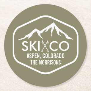 Retro-Ski-Berg-Logo Aspen Colorado Custom Runder Pappuntersetzer