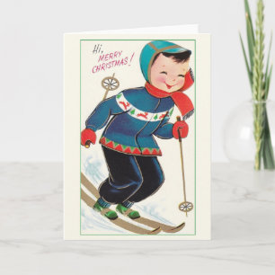 Retro-Ski-Fahrer-Weihnachtsgrußkarte Feiertagskarte