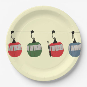 Retro Ski Gondola Lift Skifahrer Creme Pappteller