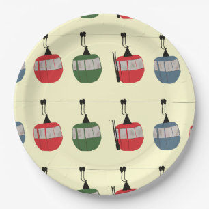 Retro Ski Gondola Lift Skifahrer Creme Pappteller