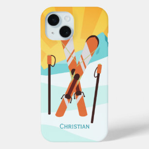Retro Skifahren-Entwurf mit Snowy-Landschaft iPhone 15 Hülle