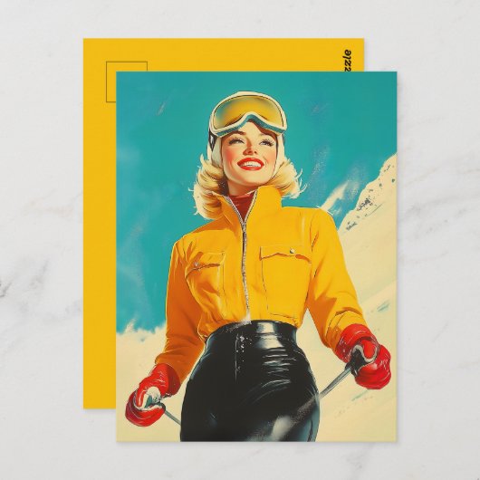 Retro Skifahren Glamour Vintag Winterabenteuer Postkarte (Vorne/Hinten)
