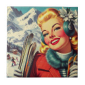 Retro-Skifahrerin Fliese (Vorderseite)