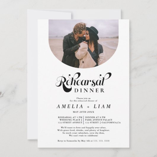 Retro-Skript-Foto Schwarz-weiße Probe Abendessen Einladung (Vorderseite)