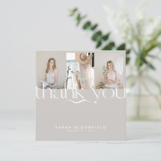 Retro-Skript | Hellbeige Foto Abschluss Dankeskarte (Stehend Vorderseite)
