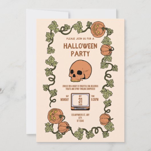 Retro Skull und Pumpkin-Halloween-Party Einladung (Vorderseite)