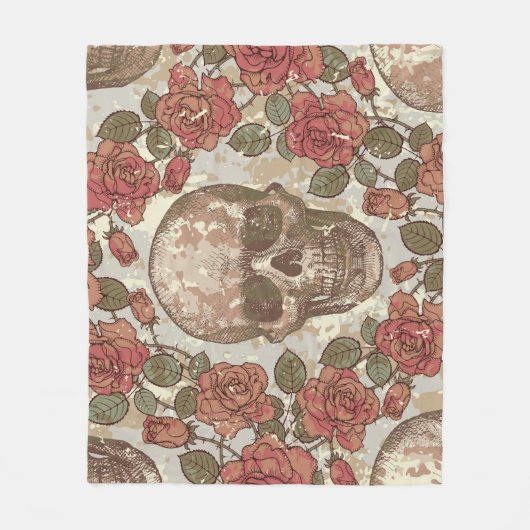 Retro Skulls und Rose Ornament Fleecedecke (Vorderseite)