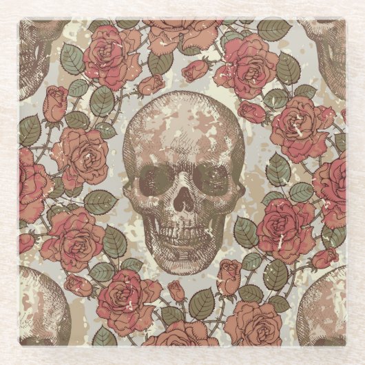 Retro Skulls und Rose Ornament Glasuntersetzer (Vorderseite)