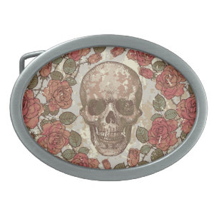 Retro Skulls und Rose Ornament Ovale Gürtelschnalle
