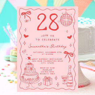 Retro Skurril Eigenwillig Rot Pink 28. Geburtstag Einladung