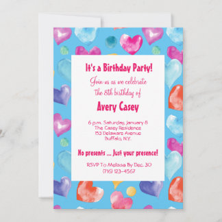 Retro Sky Blue Watercolor Hearts Niedliche Geburts Einladung