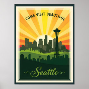 Retro-Skyline von Seattle mit Space Needle bei Son Poster