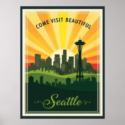 Retro-Skyline von Seattle mit Space Needle bei Son Poster (Vorne)