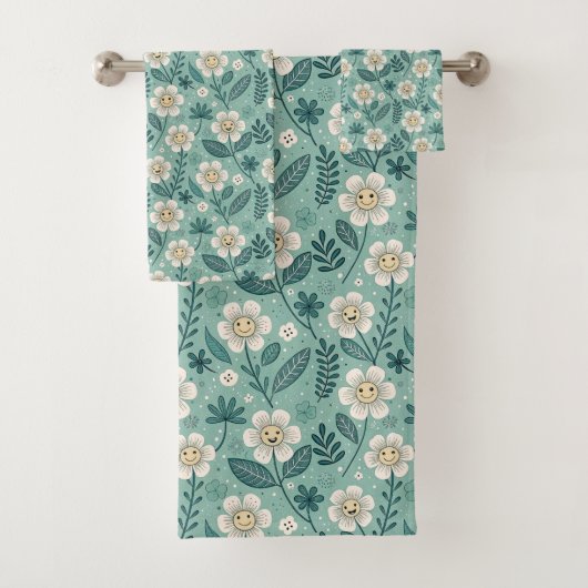 Retro Smiling Daisies Pattern - Groovy 70er Boho Badhandtuch Set (Insitu)