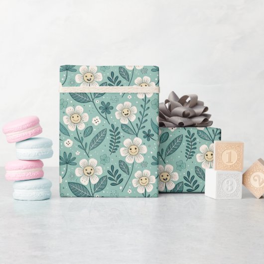 Retro Smiling Daisies Pattern - Groovy 70er Boho Geschenkpapier (Babyparty)