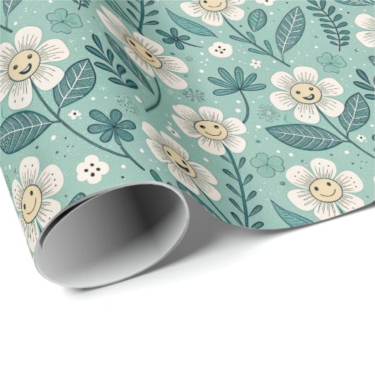 Retro Smiling Daisies Pattern - Groovy 70er Boho Geschenkpapier (Rolleneckpunkt)