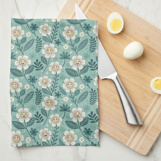 Retro Smiling Daisies Pattern - Groovy 70er Boho Geschirrtuch (Viertel Falte)