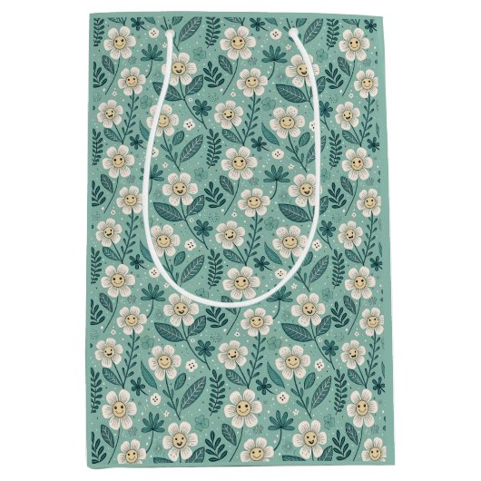 Retro Smiling Daisies Pattern - Groovy 70er Boho Mittlere Geschenktüte (Vorderseite)