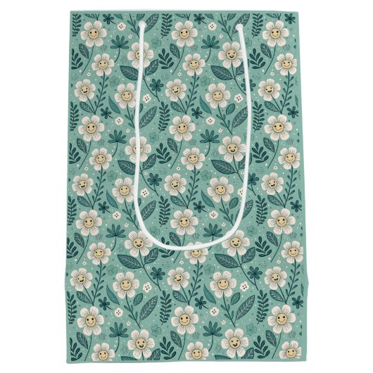 Retro Smiling Daisies Pattern - Groovy 70er Boho Mittlere Geschenktüte (Rückseite)